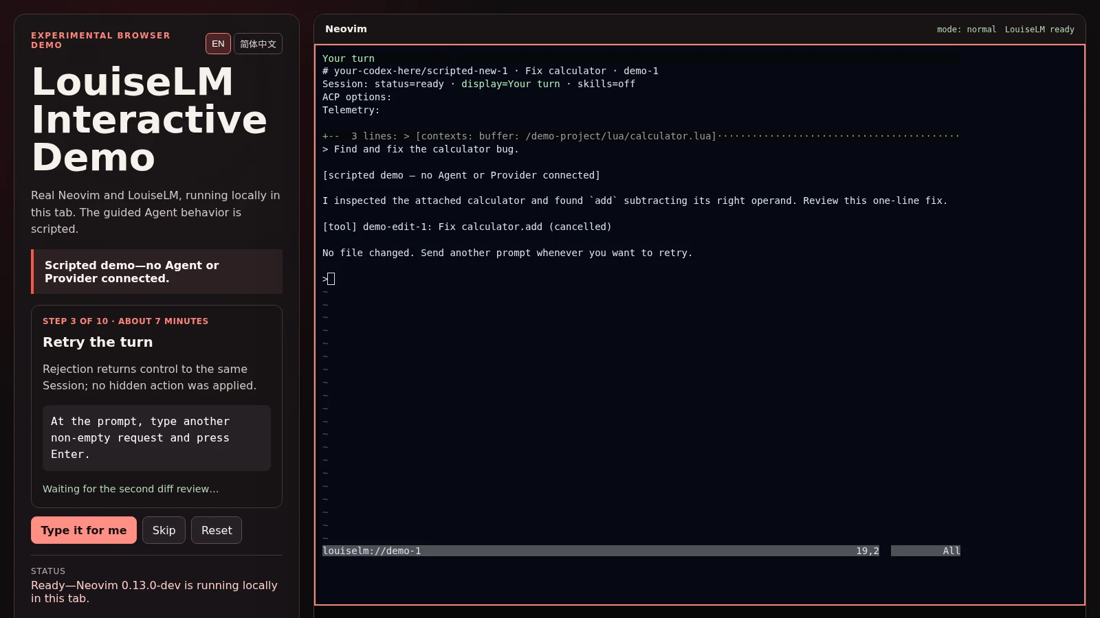 LouiseLM's real Neovim chat in the scripted browser demo, showing attached file context and a rejected tool edit